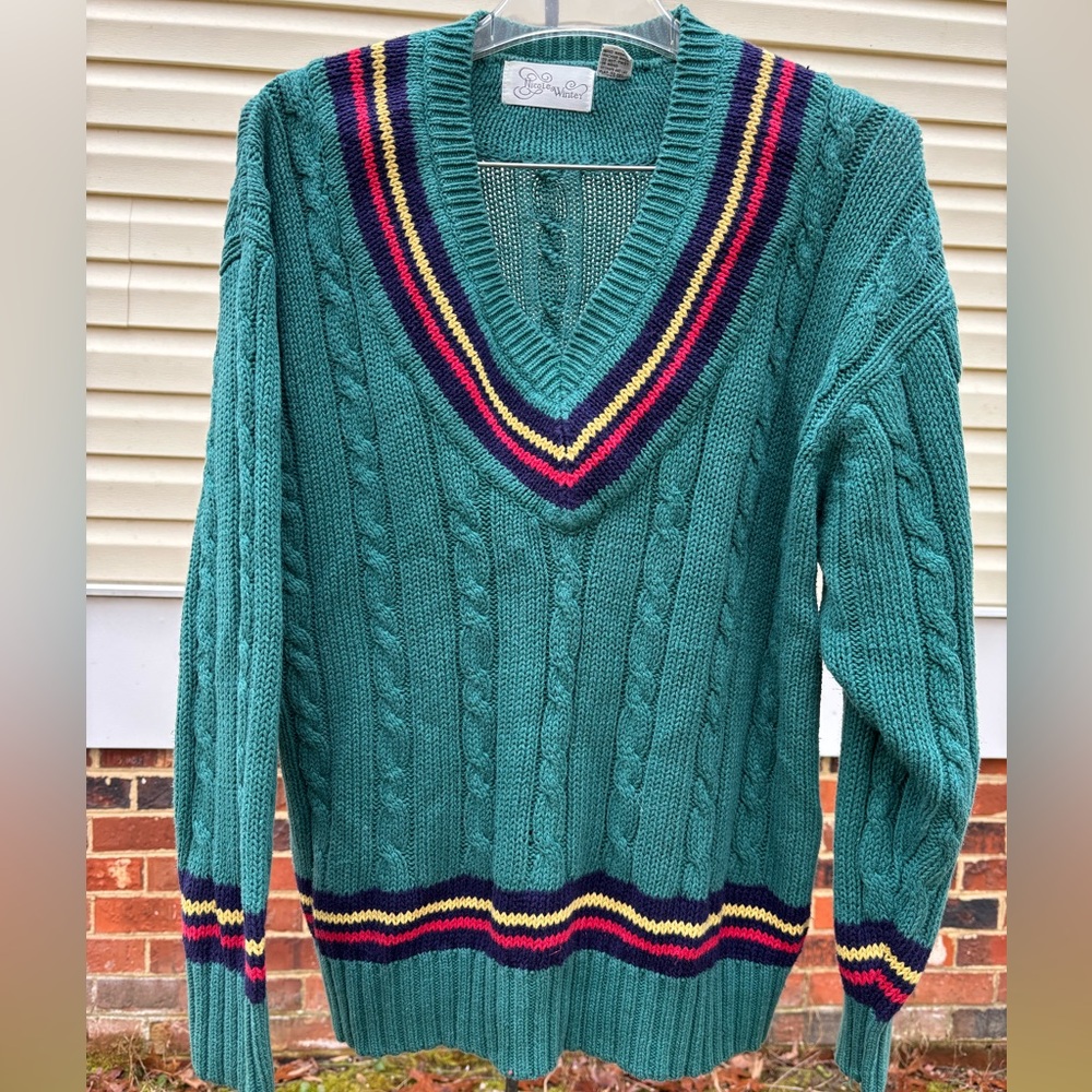 Stylish Teal V-Neck Sweater with Stripes